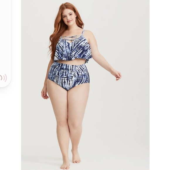 BLUE TIE-DYE STRAPPY FLOUNCE BIKINI TOP & BOTTOM - Picture 1 of 5